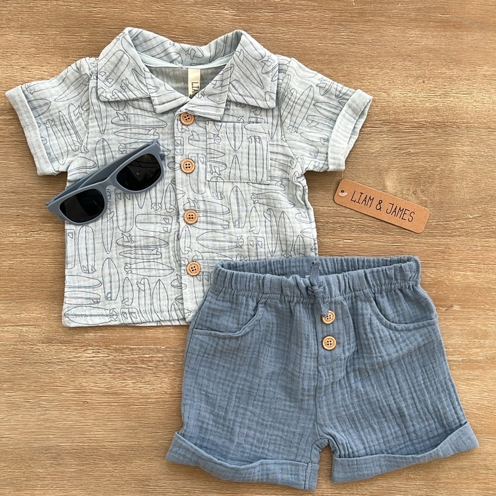 Liam James Baby Boy 3 Piece Set Cotton Top Shorts Sunglasses 0-3 3-6 months